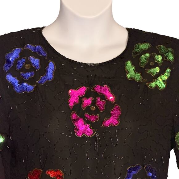Vintage 80s Stenay Silk Beaded Sequin Top Sz L Floral Black Evening Party Retro - Picture 7 of 10